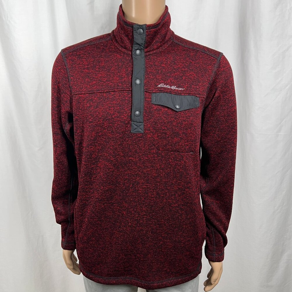 Eddie Bauer Men's Large Red Mock Neck Snap Button Fleece Lined Knit Sweatshirt